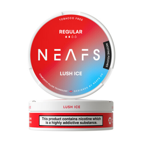 A stacked can of Neaf Nicotine pouches ( Lush Ice Regular )