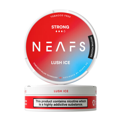 A stacked can of Neaf Nicotine pouches ( Lush Ice Strong )