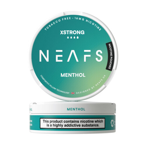 A stacked can of Neaf Nicotine pouches ( Menthol X-Strong)